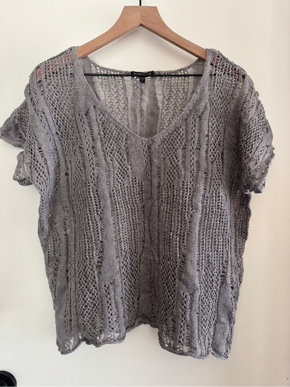 EILEEN FISHER linen + metallic open weave short sleeve sweater tee - L